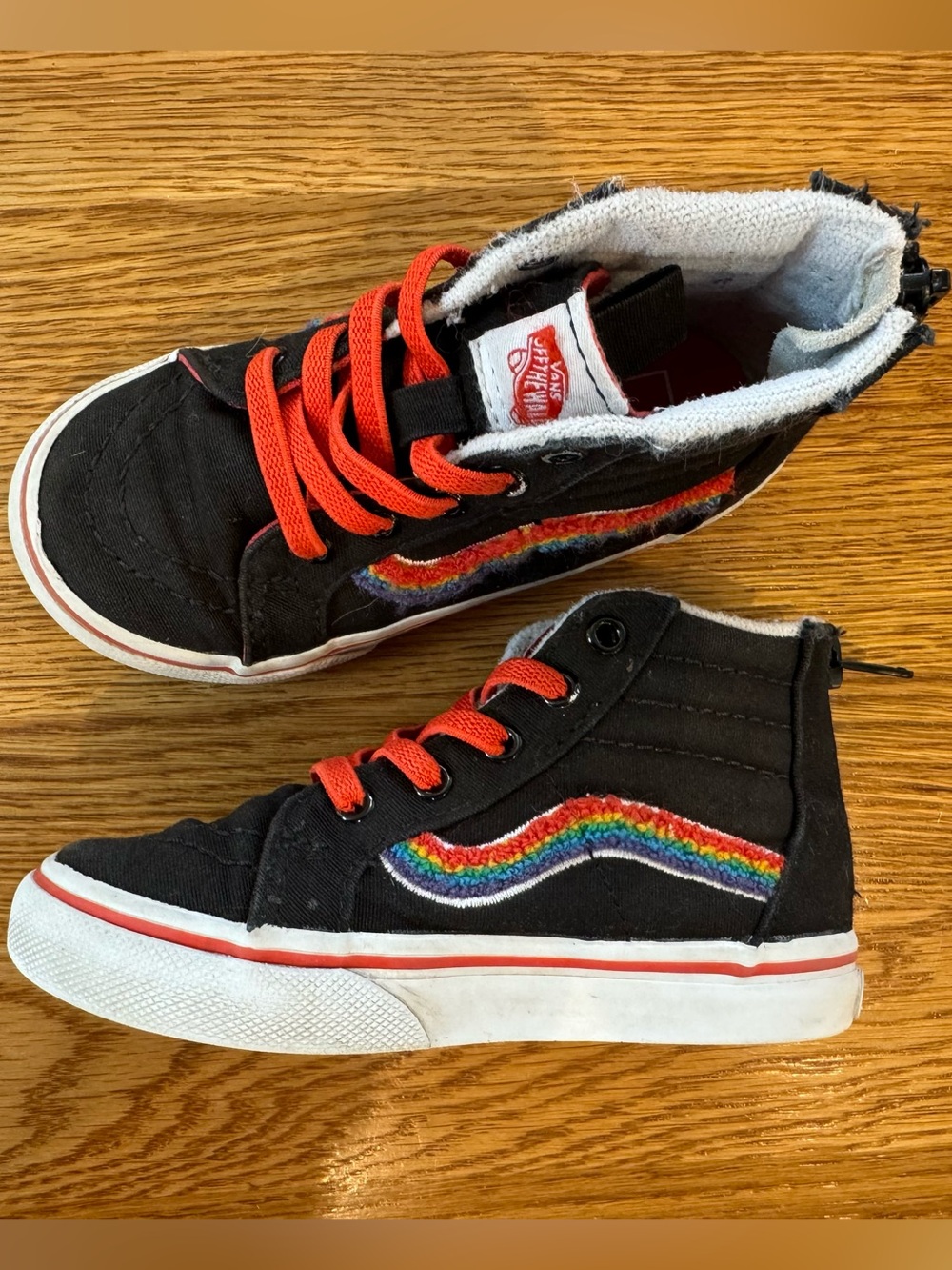 Vans Kids Black High-Top Sneakers with Rainbow Side Stripe, Slip on w/ back zip